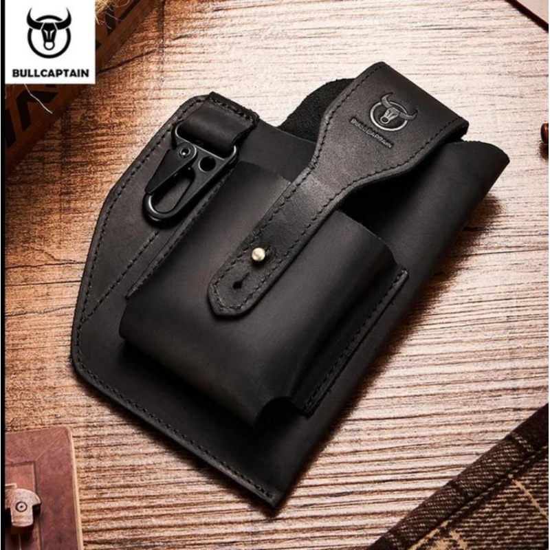 Сумка шкіряна чоловіча ЧОРНА на пояс. Bullcaptain